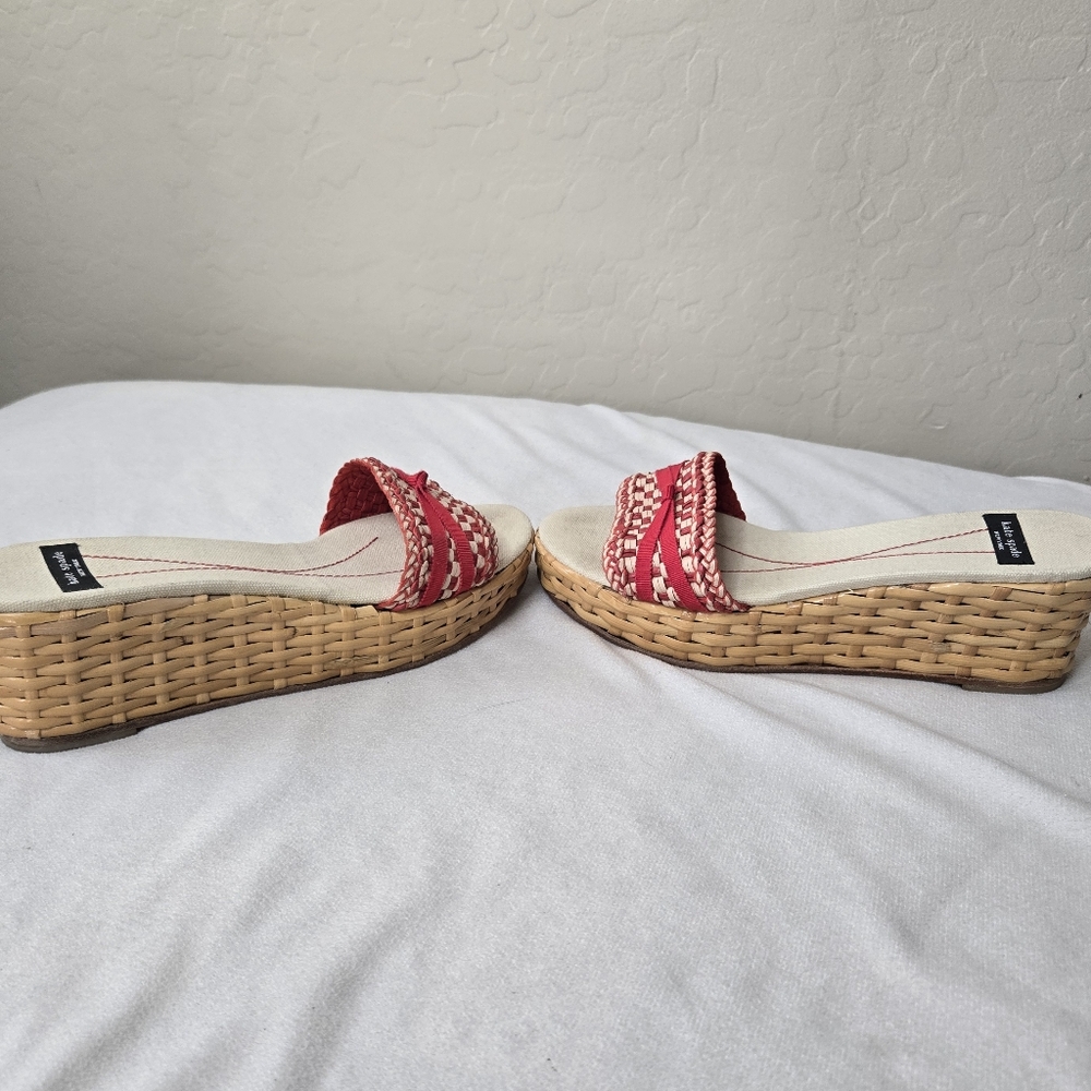 Kate Spade Red and Cream Checkered Woven Wicker Espadrilles Wedge Sandals 8B - Picture 7 of 10